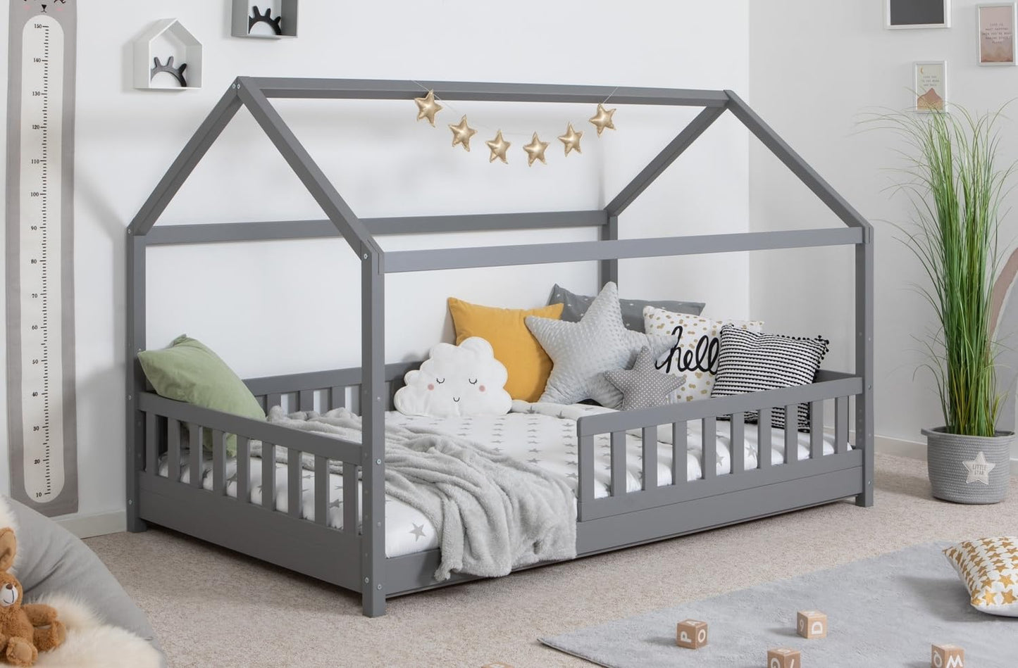 TiCAA Kinderbett Hausbett Montessori Bodenbett aus Massivholz mit Rausfallschutz