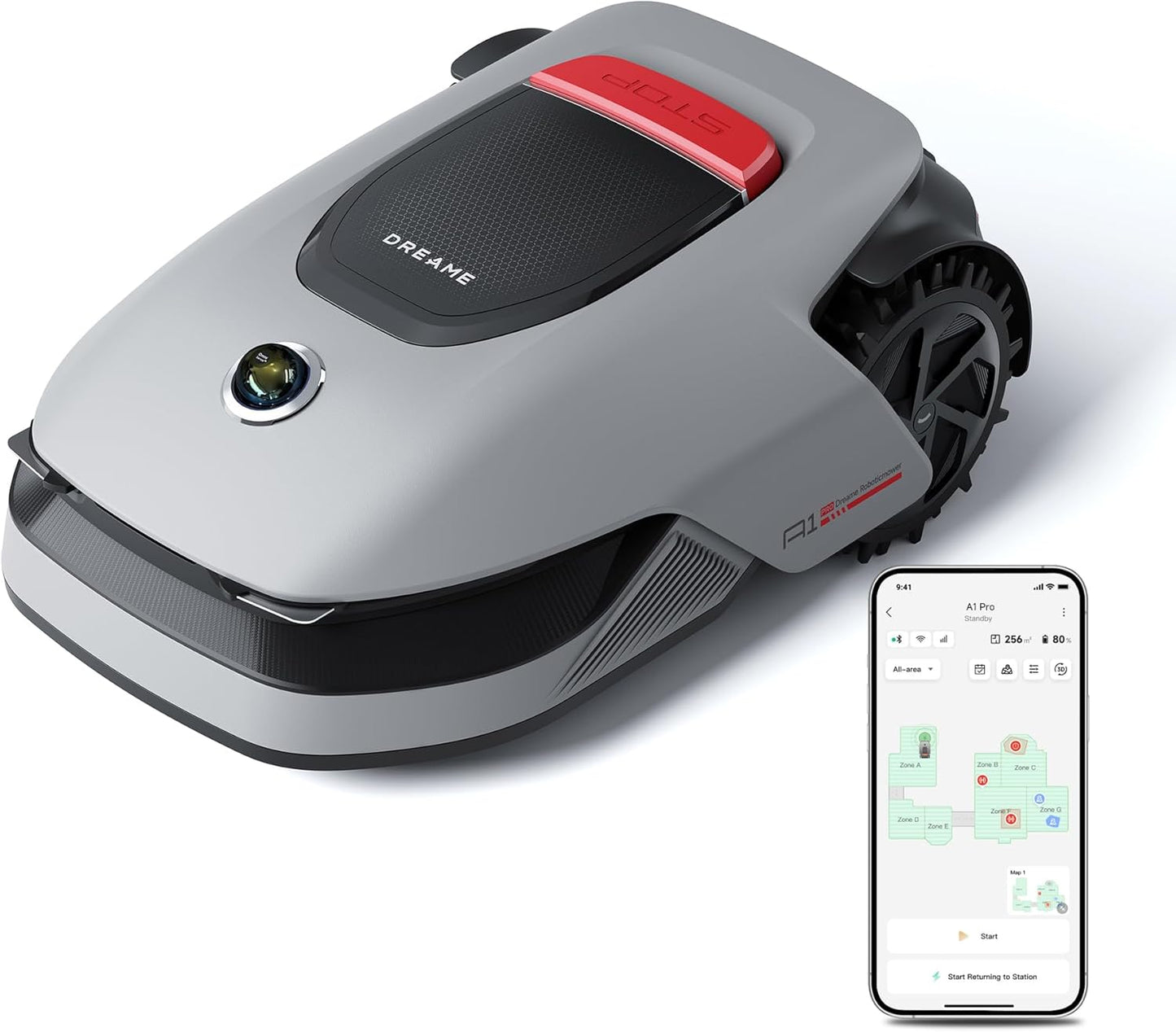 DREAME Intelligenter Mähroboter A1 Pro, Drahtloser Umfang Mähroboter, 2000m², App-Steuerung, OmniSense™ Technologie, Intuitive Zonenverwaltung, Intelligente Hindernisvermeidung, Offroad-Reifen