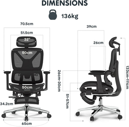 FLEXISPOT ErgoX Ergonomischer Bürostuhl mit Fußstütze – 5D-Rückenlehne, 3D-Armlehnen, Atmungsaktiv