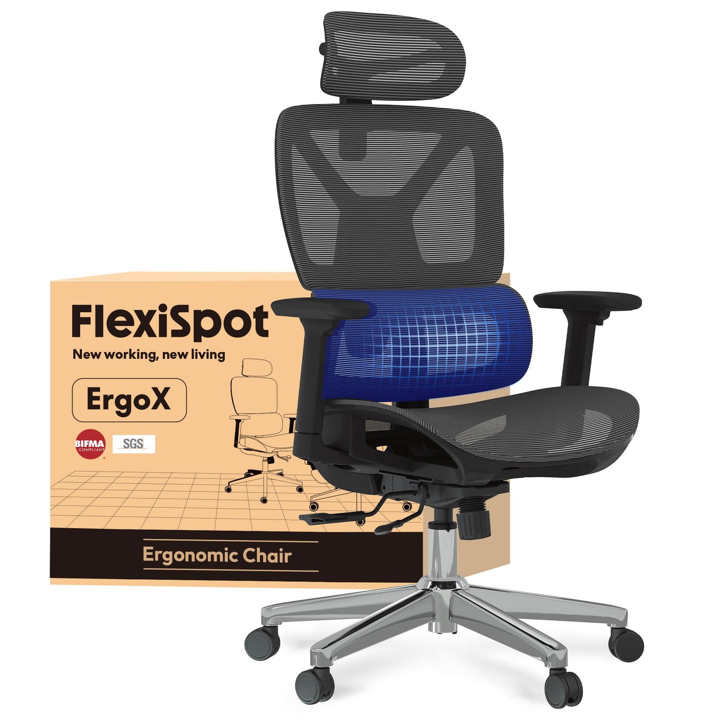 FLEXISPOT ErgoX Ergonomischer Bürostuhl mit Fußstütze – 5D-Rückenlehne, 3D-Armlehnen, Atmungsaktiv