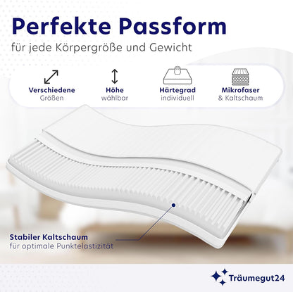 Träumegut24 AquaFlex 7-Zonen Kaltschaummatratze | Ergonomisch, Hypoallergen, Abnehmbarer Bezug, Oeko-TEX®