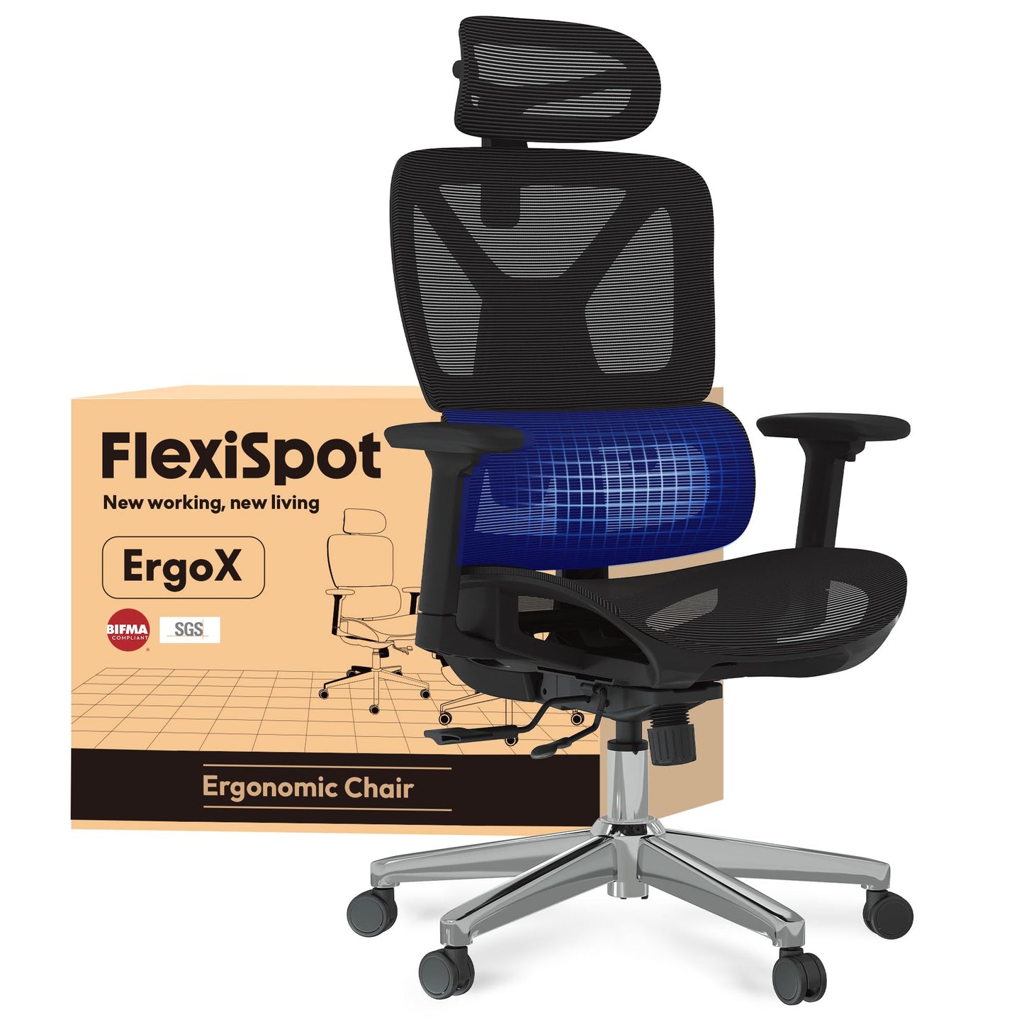 FLEXISPOT ErgoX Ergonomischer Bürostuhl mit Fußstütze – 5D-Rückenlehne, 3D-Armlehnen, Atmungsaktiv