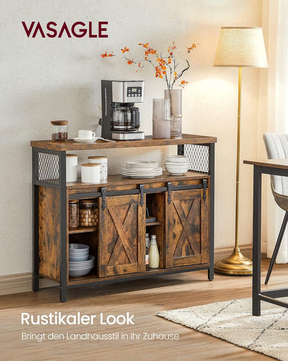 VASAGLE Sideboard mit Schiebetüren, Küchenschrank Landhausstil, Vintagebraun 100 cm