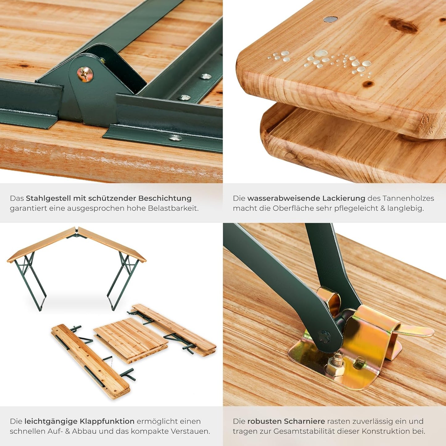 tectake Bierzeltgarnitur mit Lehne – Klappbares Gartenmöbel Set aus Holz & Stahl für bis zu 8 Personen