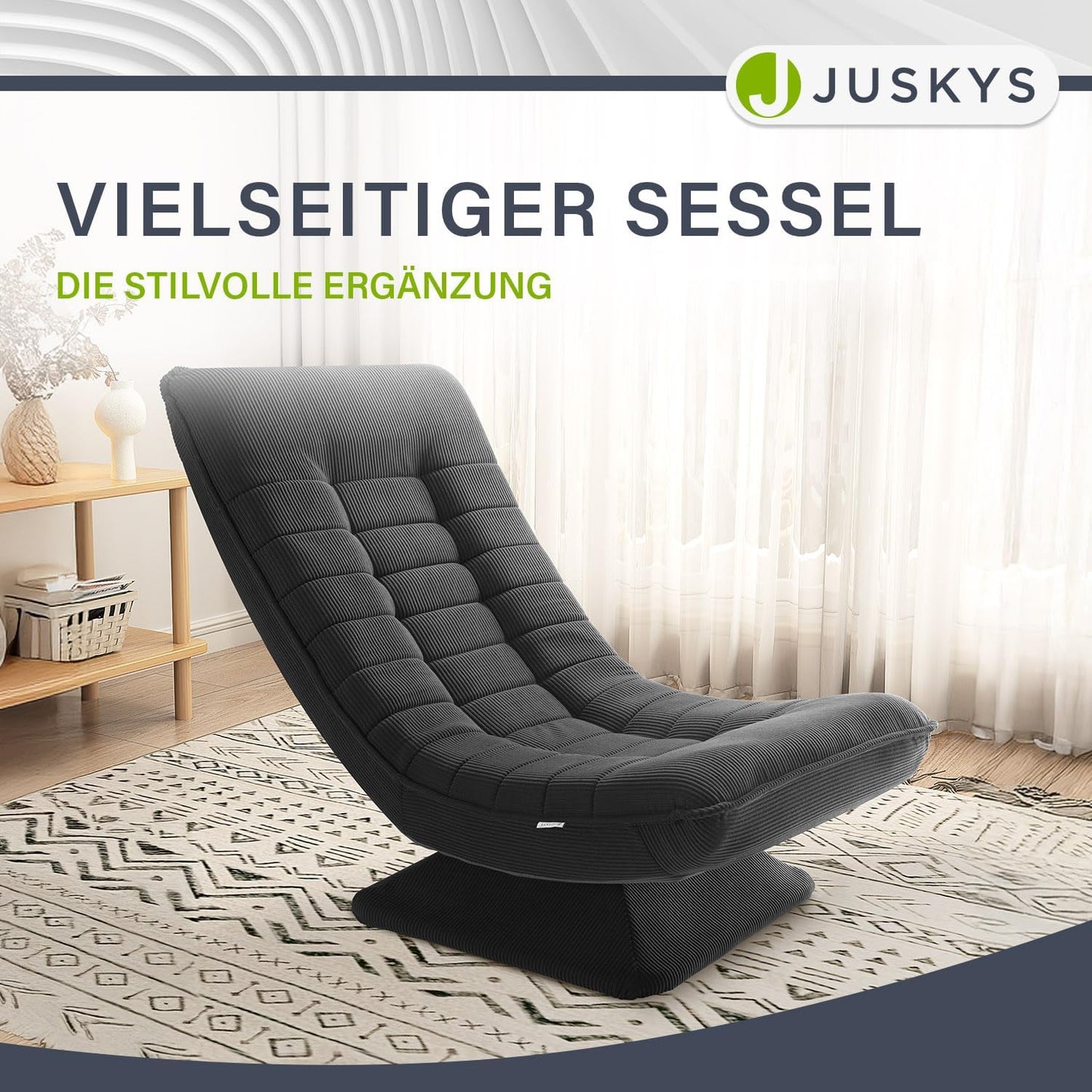 JUSKYS Relaxsessel Korsika, Cord, 360° drehbar & klappbar, Dunkelgrau, Metallrahmen