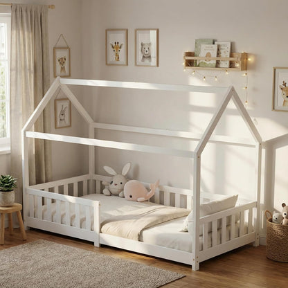 ecomi Montessori Hausbett Kinder aus Kiefernholz mit Rausfallschutz & Lattenrost