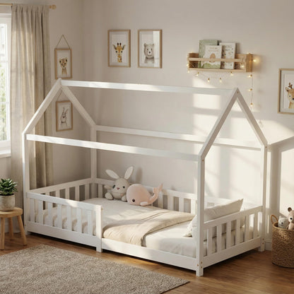 ecomi Montessori Hausbett Kinder aus Kiefernholz mit Rausfallschutz & Lattenrost
