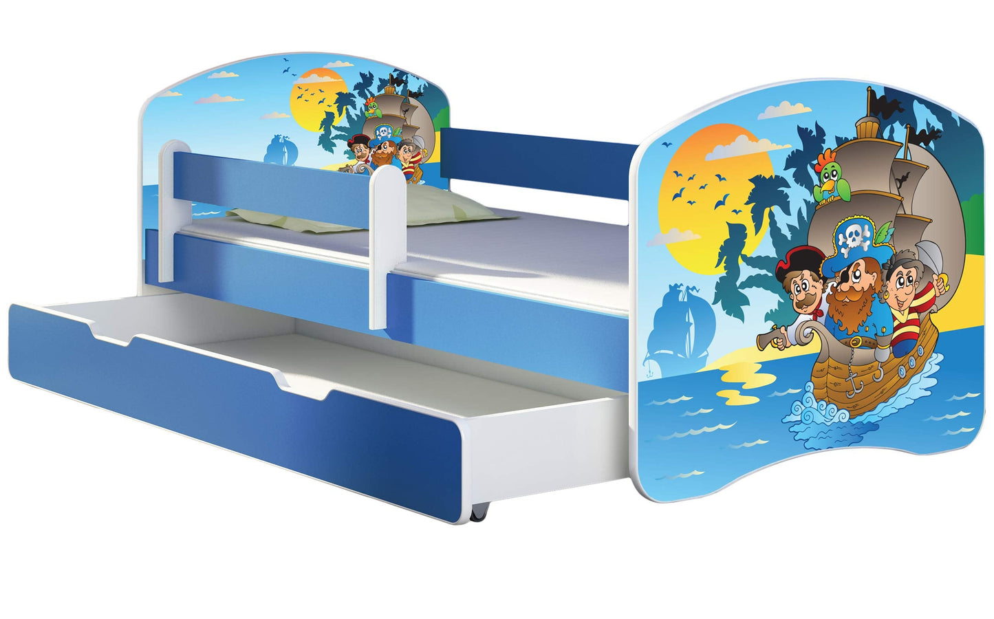 ACMA Kinderbett Jugendbett mit Einer Schublade und Matratze Blau mit Rausfallschutz Lattenrost II 140x70 160x80 180x80 (36 Feuerwehr, 160x80)