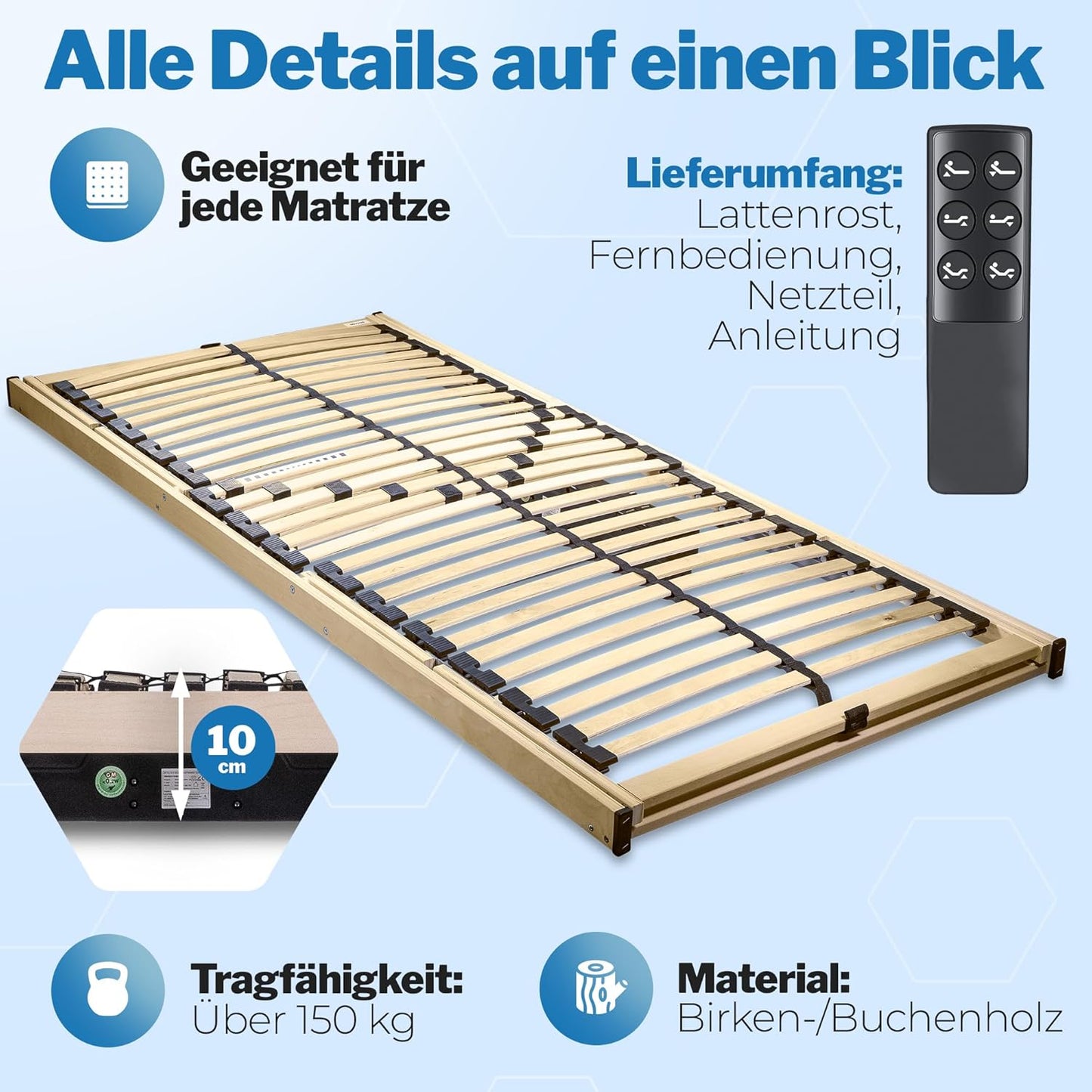 RehaSleep Komfort Lattenrost elektrisch verstellbar, Birkenholz, Made in Germany