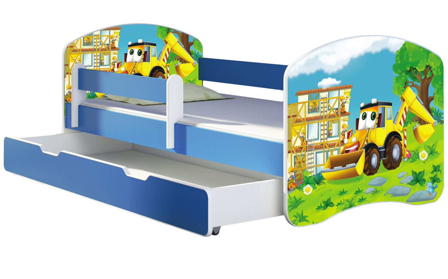 ACMA Kinderbett Jugendbett mit Einer Schublade und Matratze Blau mit Rausfallschutz Lattenrost II 140x70 160x80 180x80 (36 Feuerwehr, 160x80)