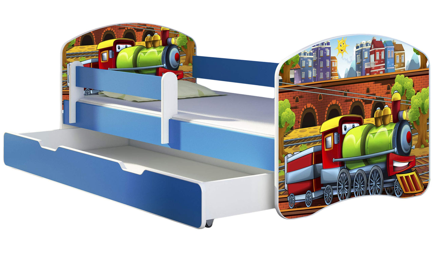 ACMA Kinderbett Jugendbett mit Einer Schublade und Matratze Blau mit Rausfallschutz Lattenrost II 140x70 160x80 180x80 (36 Feuerwehr, 160x80)