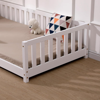 ecomi Kinderbett Montessori Bodenbett Massivholz mit Rausfallschutz und Lattenrost, Skandinavisches Design, für Mädchen und Jungen
