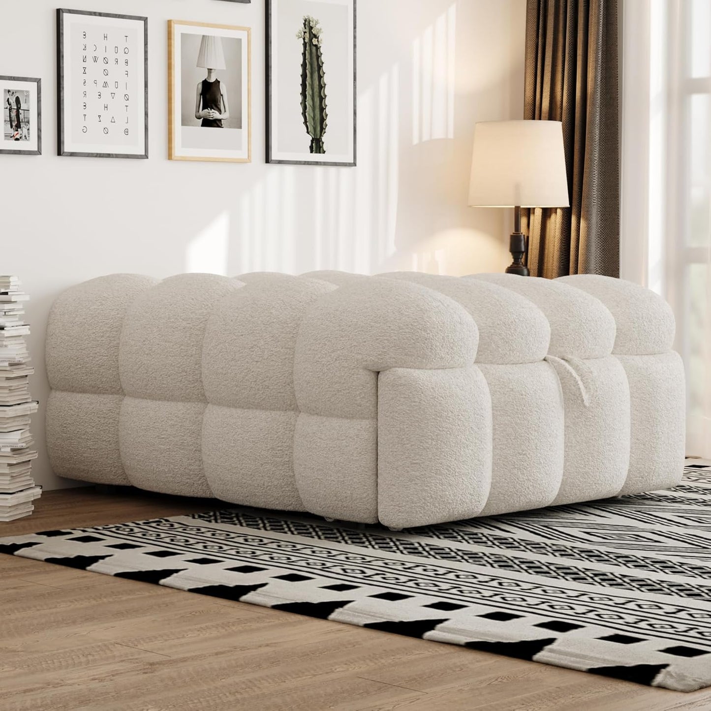 MOBETTRES Polsterbett 2-in-1 Beige – Ausziehbares Schlafsofa & Fußhocker, Teddy-Samtstoff, Einzelbett