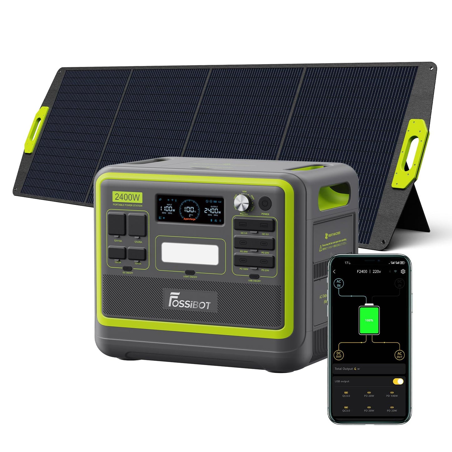 FOSSiBOT Tragbare Powerstation F2400, Solargenerator 2048Wh LiFePO4 Batterie-Backup mit 2400W 3X AC Ausgängen (4800W Peak) 230V, Power Station für Outdoor-Camping, Wohnmobil-Reisen, Hausgebrauch