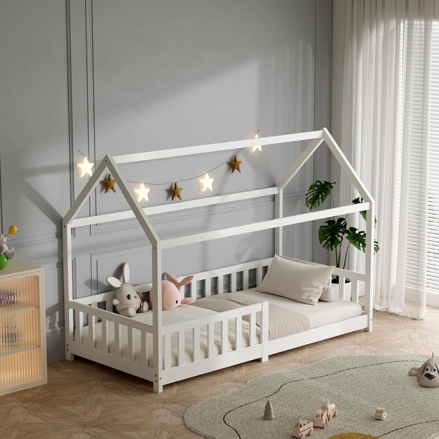 ecomi Montessori Hausbett Kinder aus Kiefernholz mit Rausfallschutz & Lattenrost
