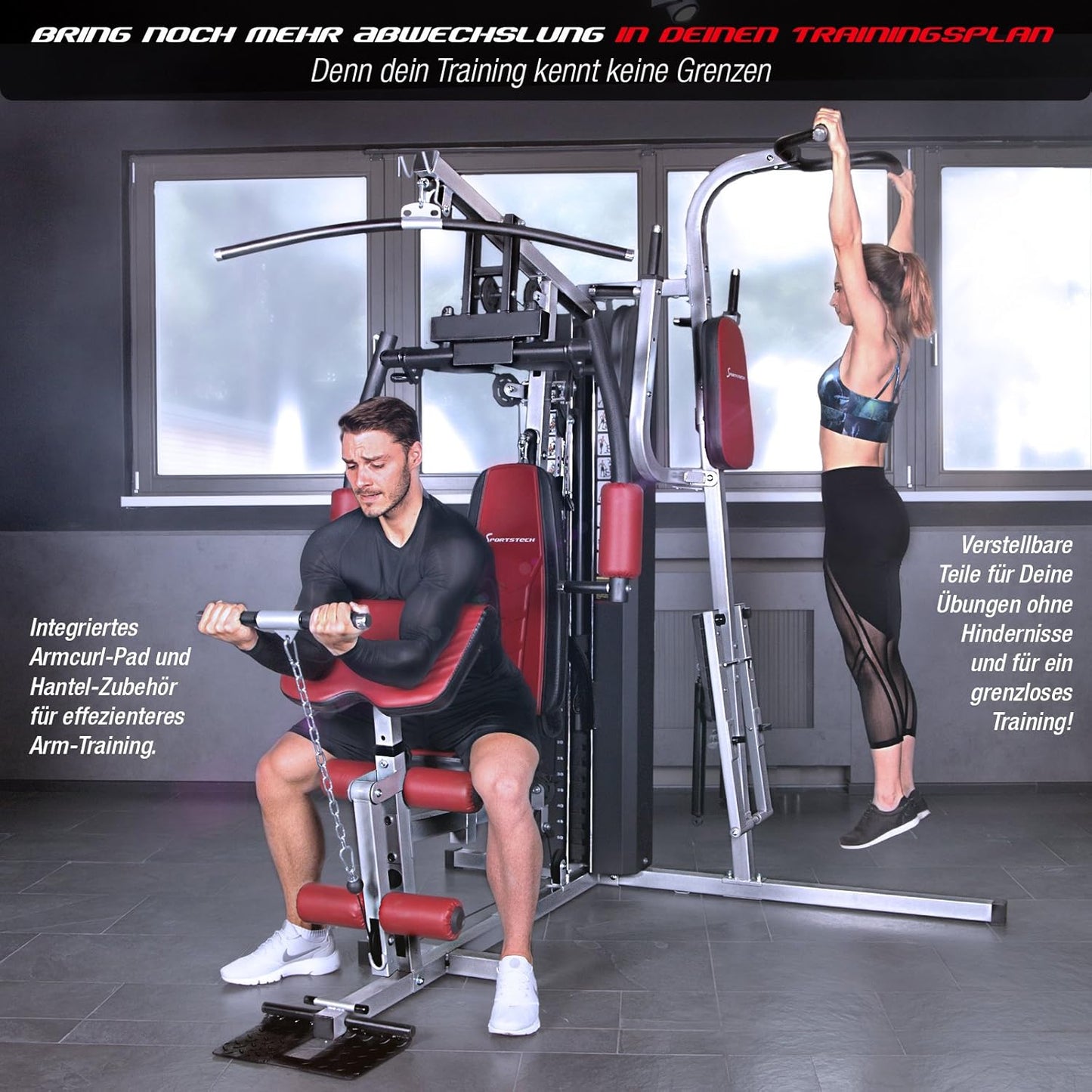 Sportstech HGX200: Multifunktions-Kraftstation mit Stepper, Beinpresse & Powertower