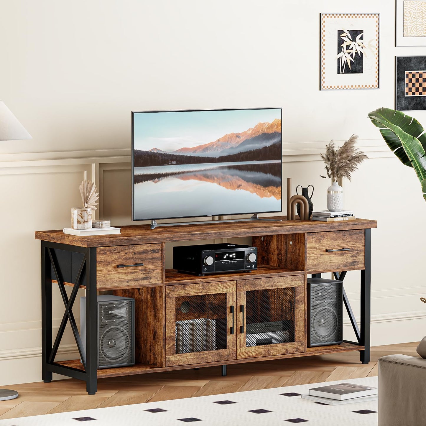 Generisch TV Lowboard Industrial Stil, Braun, 180 cm, Holz & Metall, für 60–70 Zoll Fernseher