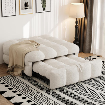 MOBETTRES Polsterbett 2-in-1 Beige – Ausziehbares Schlafsofa & Fußhocker, Teddy-Samtstoff, Einzelbett