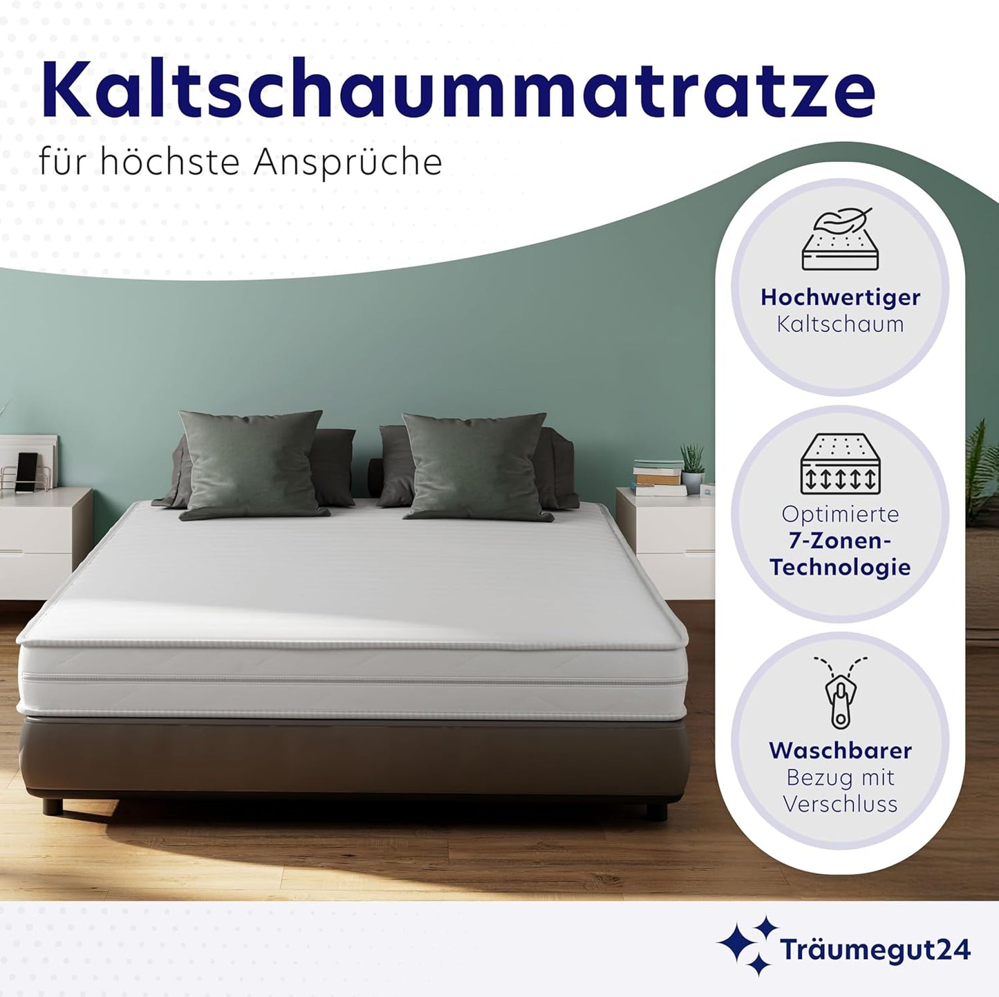 Träumegut24 AquaFlex 7-Zonen Kaltschaummatratze | Ergonomisch, Hypoallergen, Abnehmbarer Bezug, Oeko-TEX®