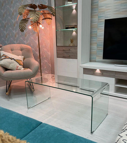 Grupo SDM Cheval Couchtisch Glas – Gebogenes Sicherheitsglas 10 mm, Transparent, Modern (100 x 48 cm)