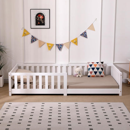 ecomi Kinderbett Montessori Bodenbett Massivholz mit Rausfallschutz und Lattenrost, Skandinavisches Design, für Mädchen und Jungen