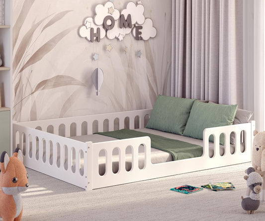 CADANI Monte Montessori Bodenbett Kinderbett mit Rausfallschutz, umbaubar, Massivholz, Roll-Lattenrost, weiß