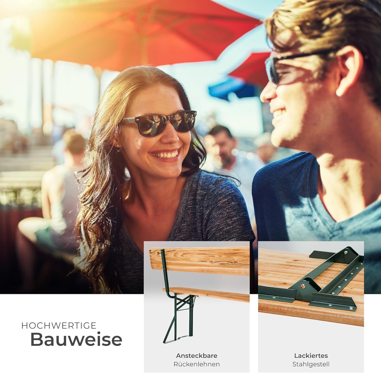 tectake Bierzeltgarnitur mit Lehne – Klappbares Gartenmöbel Set aus Holz & Stahl für bis zu 8 Personen
