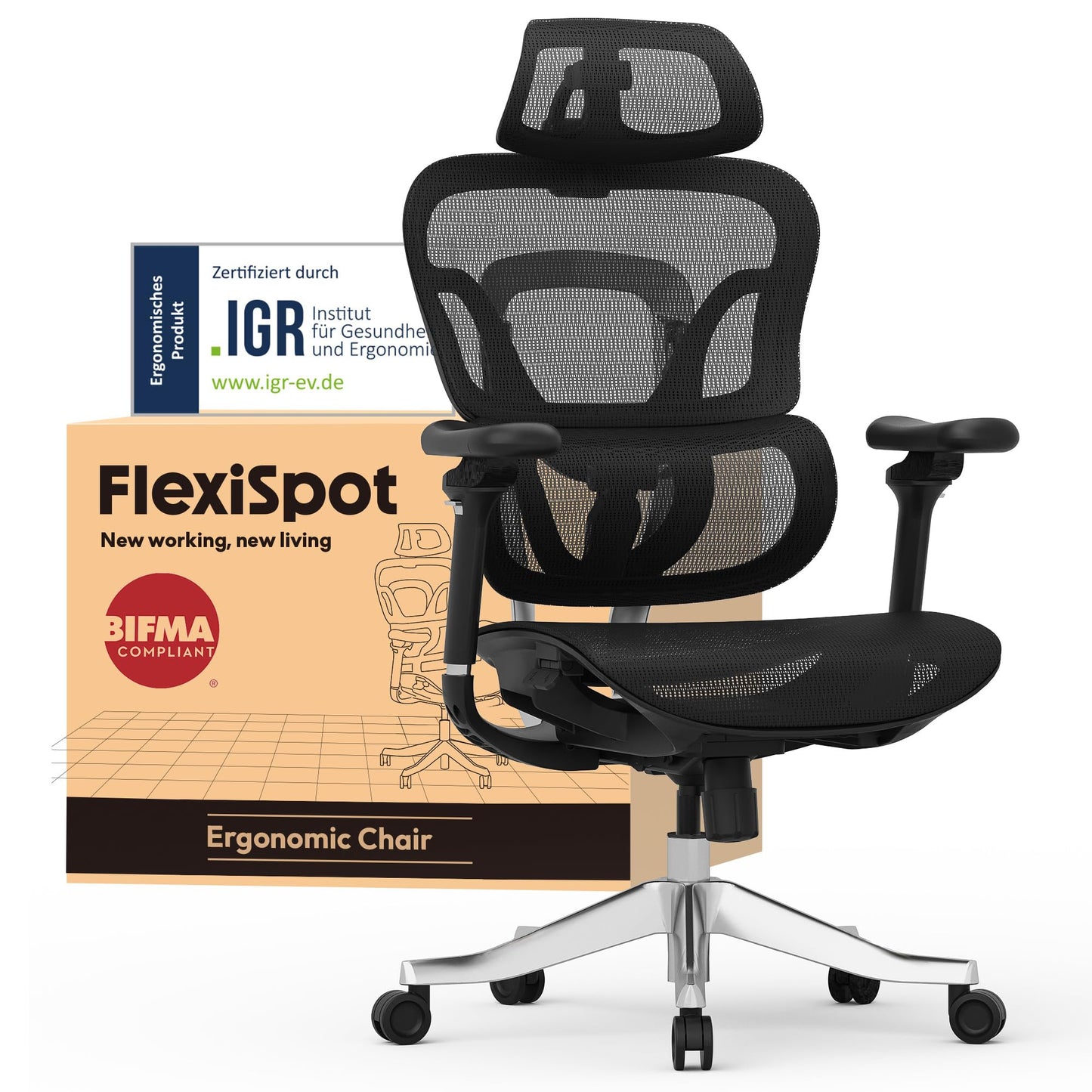 FLEXISPOT ErgoX Ergonomischer Bürostuhl mit Fußstütze – 5D-Rückenlehne, 3D-Armlehnen, Atmungsaktiv