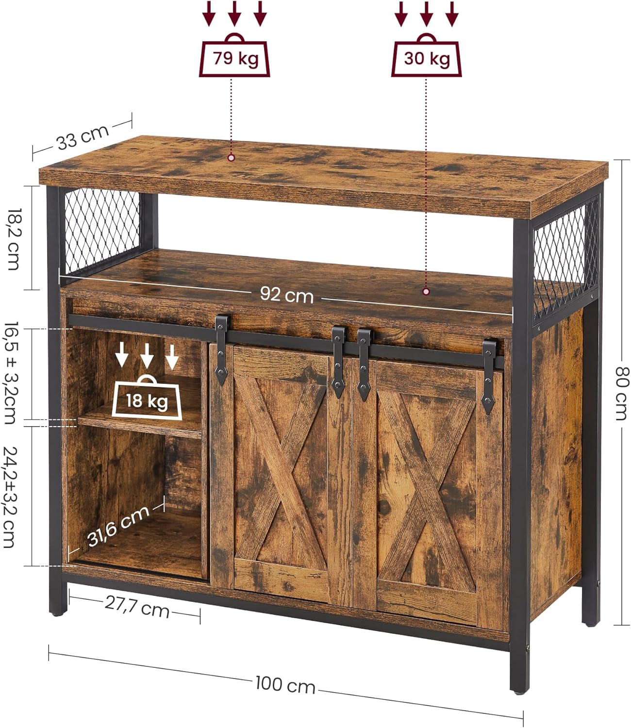 VASAGLE Sideboard mit Schiebetüren, Küchenschrank Landhausstil, Vintagebraun 100 cm