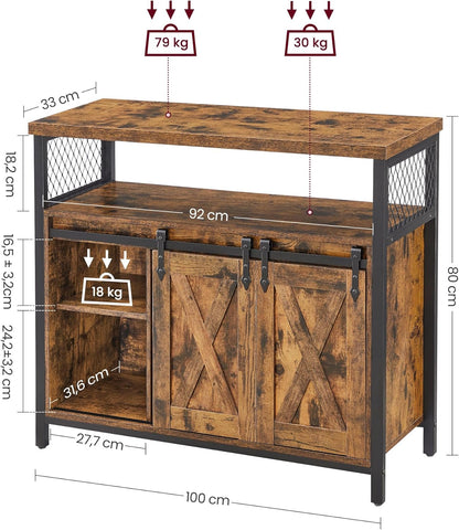 VASAGLE Sideboard mit Schiebetüren, Küchenschrank Landhausstil, Vintagebraun 100 cm