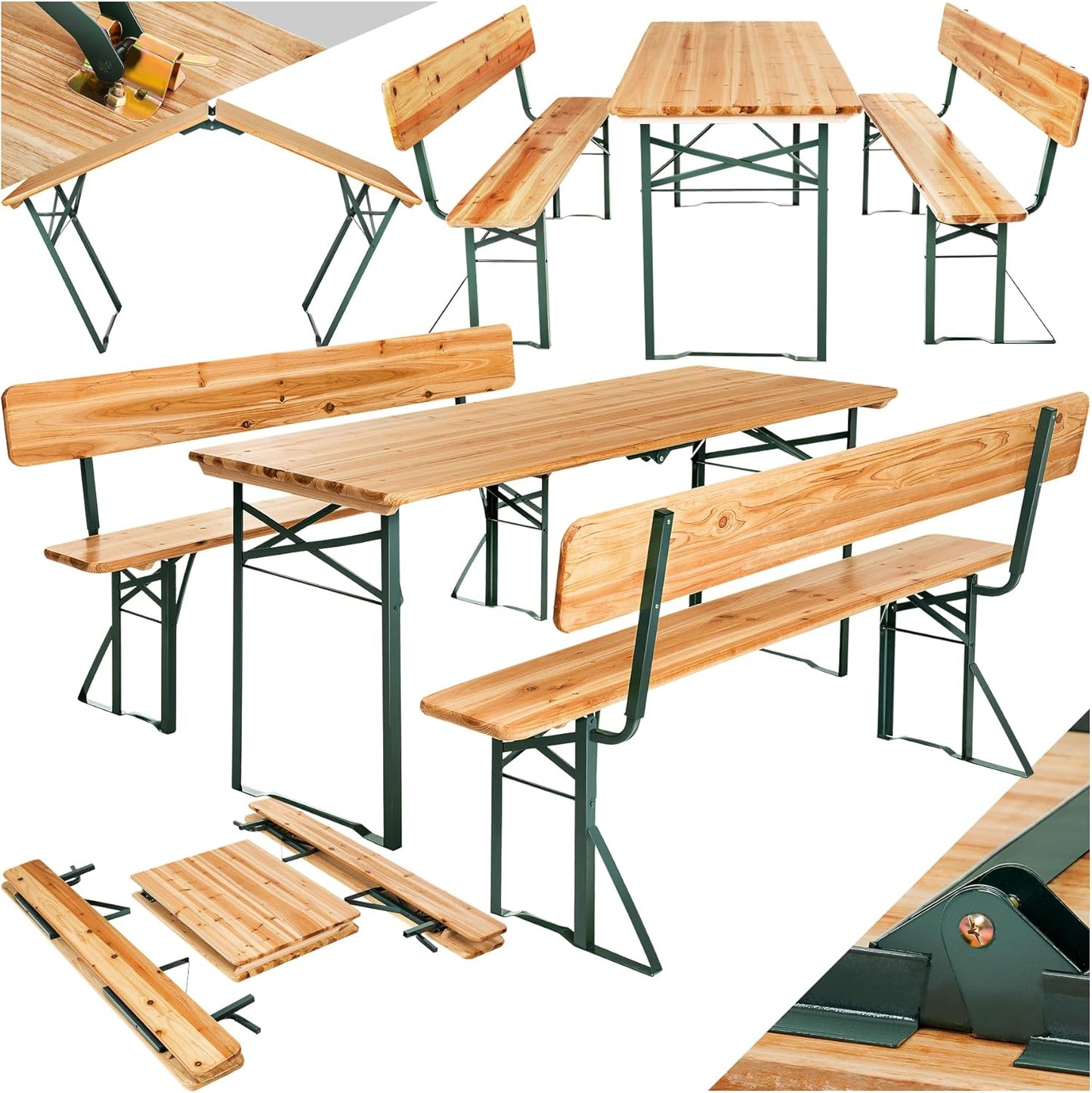 tectake Bierzeltgarnitur mit Lehne – Klappbares Gartenmöbel Set aus Holz & Stahl für bis zu 8 Personen