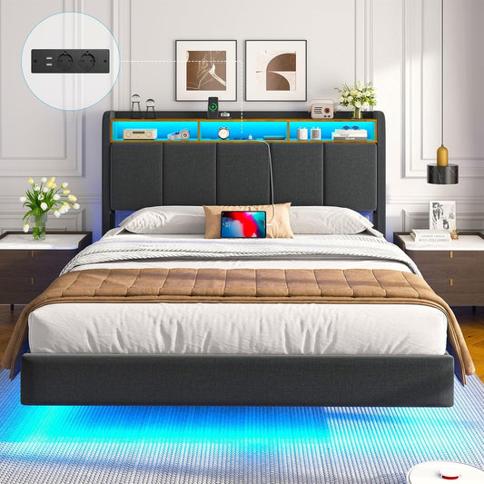 Brinlawb Polsterbett mit LED, Schwebebett mit Kopfteil, Stauraum & Ladestation – Modernes Bett mit Lattenrost für Schlafzimmer