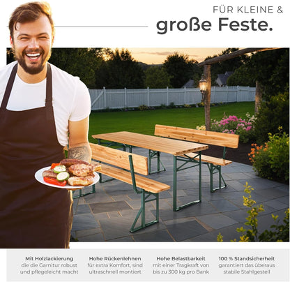 tectake Bierzeltgarnitur mit Lehne – Klappbares Gartenmöbel Set aus Holz & Stahl für bis zu 8 Personen