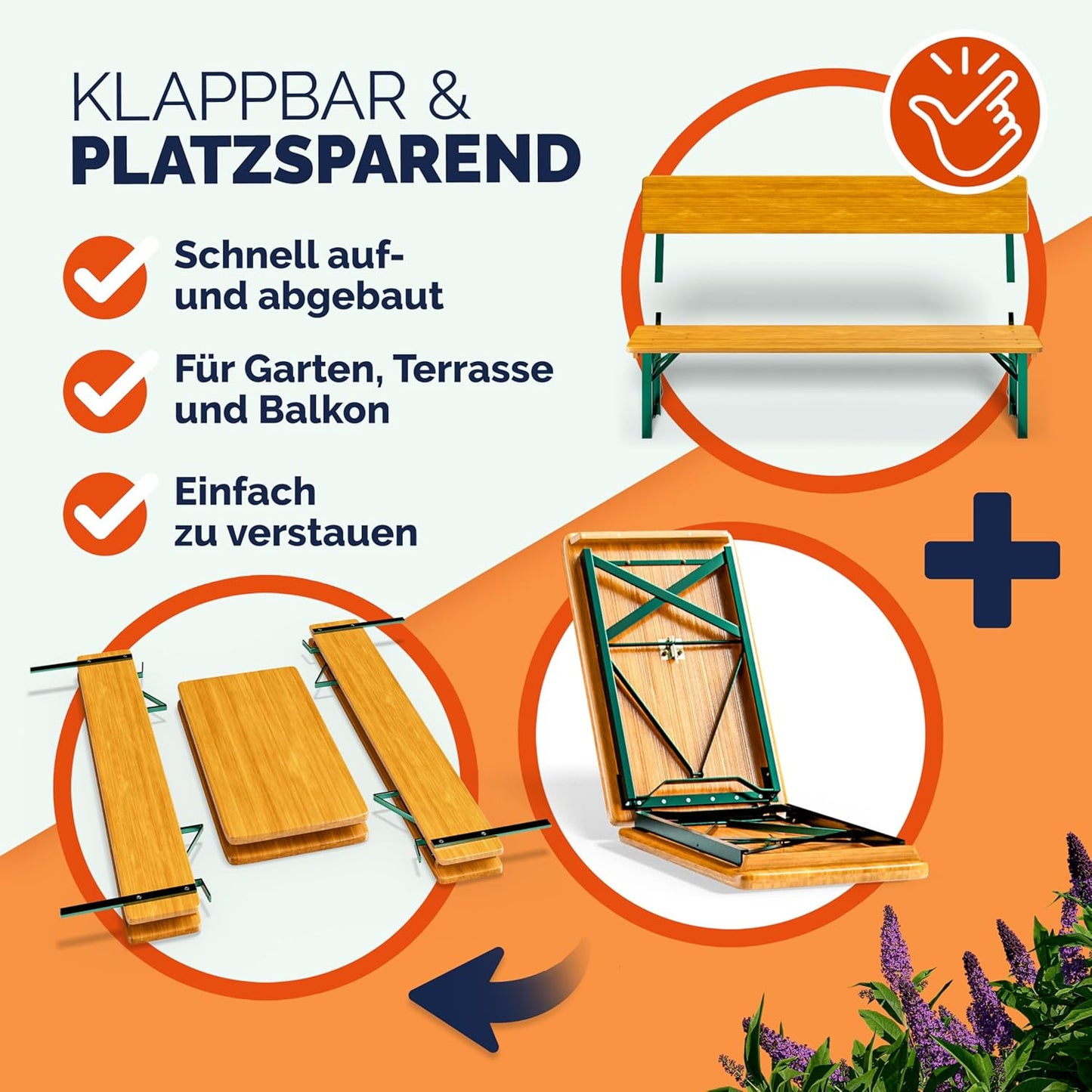 Casaria Bierzeltgarnitur mit Lehne 170 cm, Klappbar, Holz Stahl, Braun