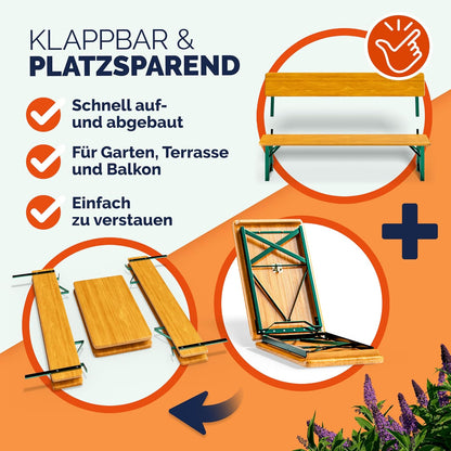 Casaria Bierzeltgarnitur mit Lehne 170 cm, Klappbar, Holz Stahl, Braun