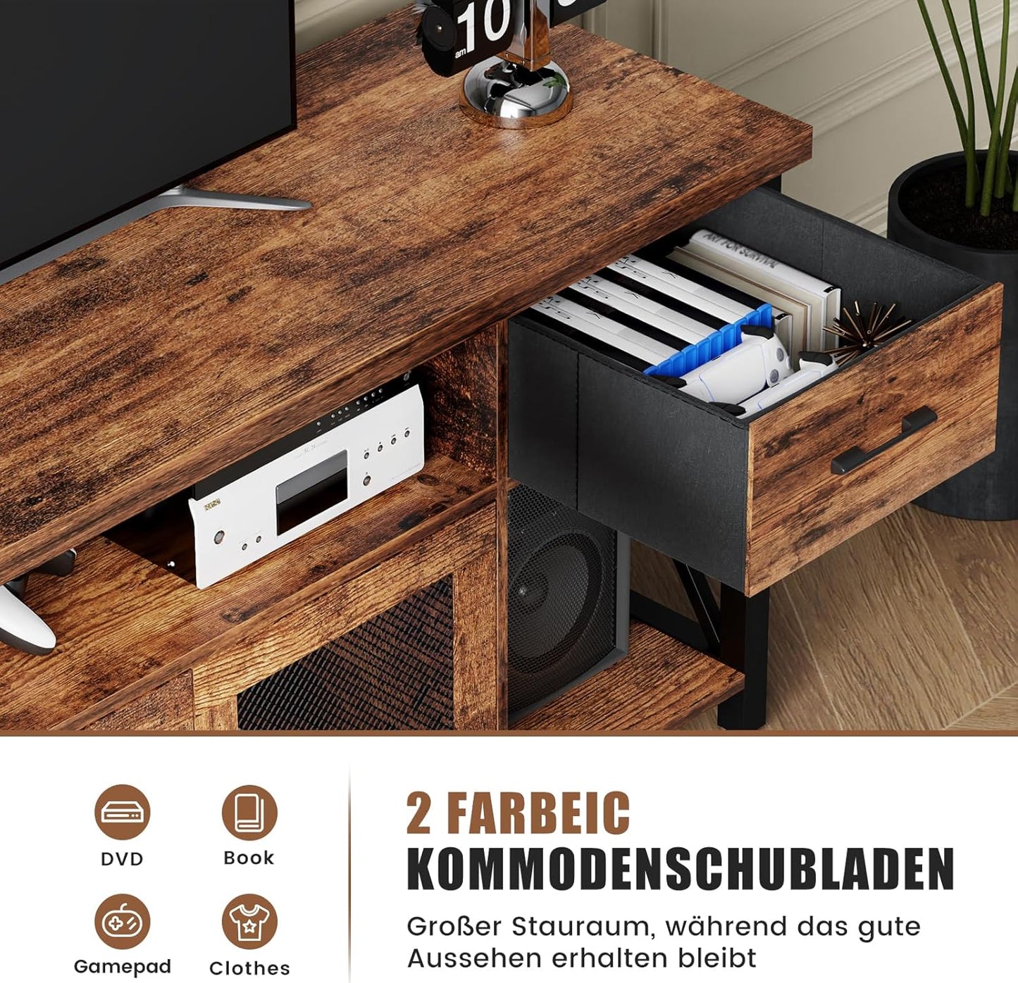 Generisch TV Lowboard Industrial Stil, Braun, 180 cm, Holz & Metall, für 60–70 Zoll Fernseher