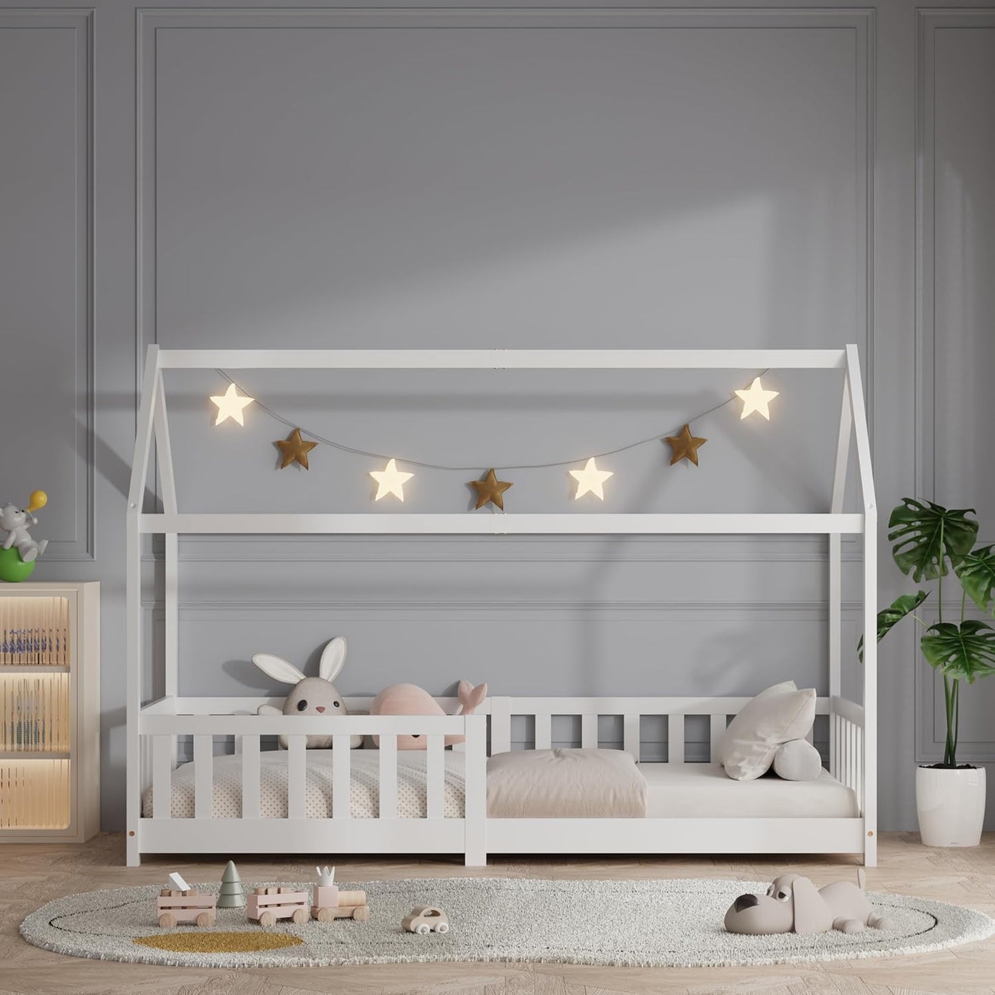 ecomi Montessori Hausbett Kinder aus Kiefernholz mit Rausfallschutz & Lattenrost