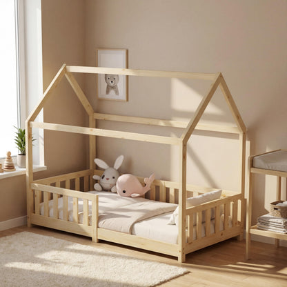 ecomi Montessori Hausbett Kinder aus Kiefernholz mit Rausfallschutz & Lattenrost