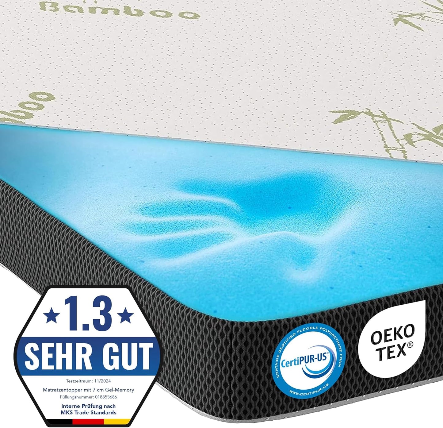 MKS Gel-Topper mit Memory-Schaum – 7 cm Matratzentopper, H2/H3, 3D-Luftstrom, Bambusbezug
