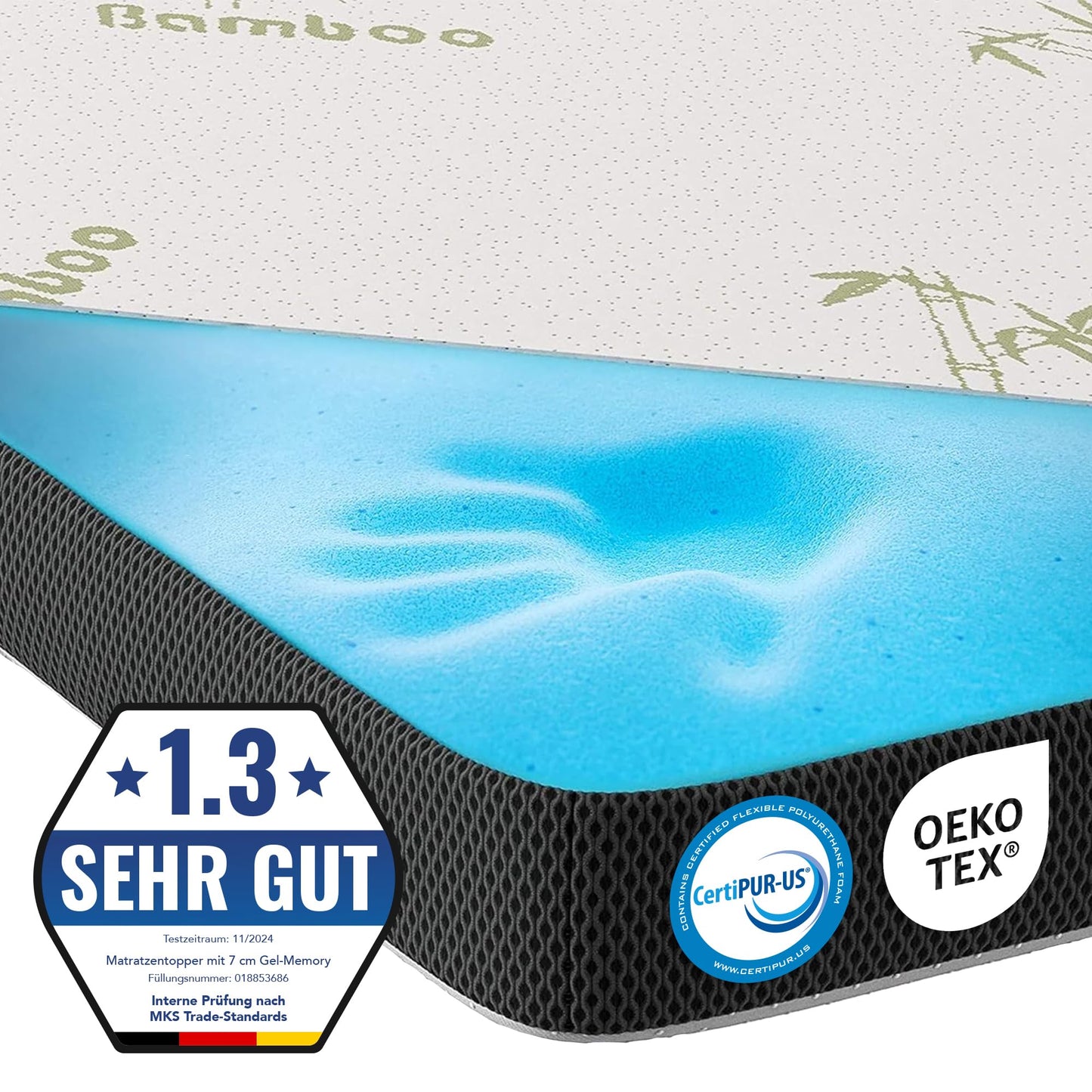 MKS Gel-Topper mit Memory-Schaum – 7 cm Matratzentopper, H2/H3, 3D-Luftstrom, Bambusbezug
