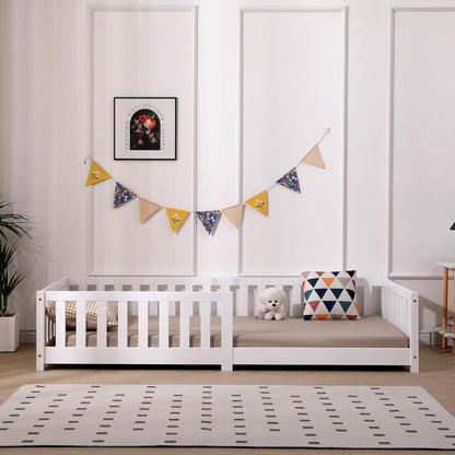 ecomi Kinderbett Montessori Bodenbett Massivholz mit Rausfallschutz und Lattenrost, Skandinavisches Design, für Mädchen und Jungen