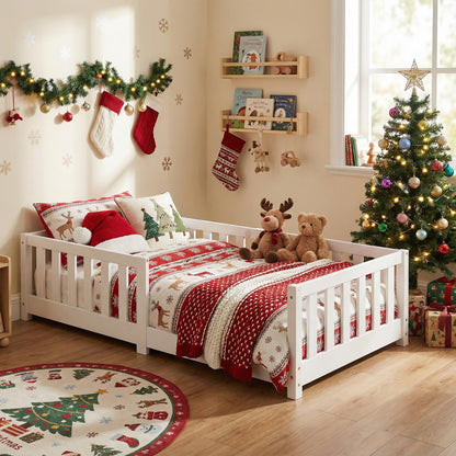 ecomi Kinderbett Montessori Bodenbett Massivholz mit Rausfallschutz und Lattenrost, Skandinavisches Design, für Mädchen und Jungen