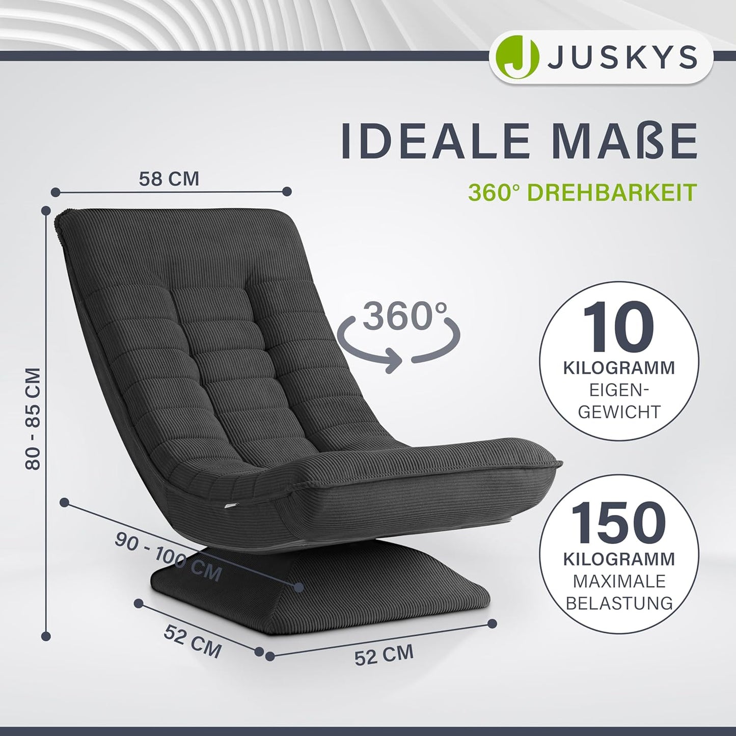 JUSKYS Relaxsessel Korsika, Cord, 360° drehbar & klappbar, Dunkelgrau, Metallrahmen