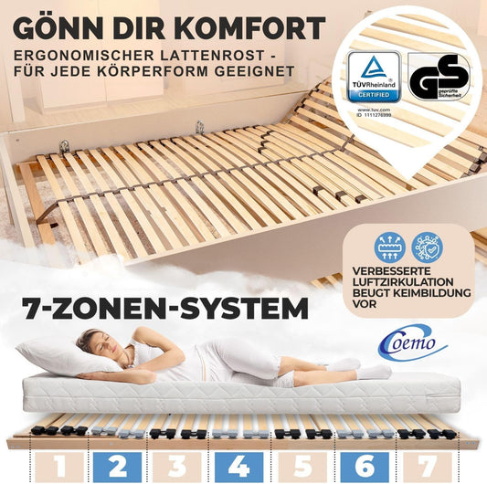 Coemo 7-Zonen Lattenrost - verstellbarer Kopfteil, Holzrahmen, Buche, ergonomisch