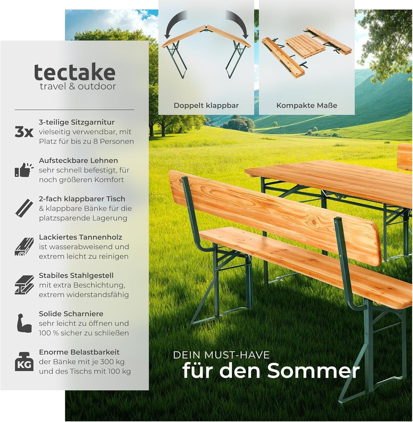tectake Bierzeltgarnitur mit Lehne – Klappbares Gartenmöbel Set aus Holz & Stahl für bis zu 8 Personen