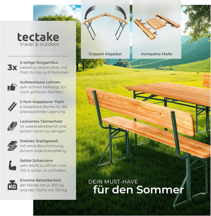 tectake Bierzeltgarnitur mit Lehne – Klappbares Gartenmöbel Set aus Holz & Stahl für bis zu 8 Personen