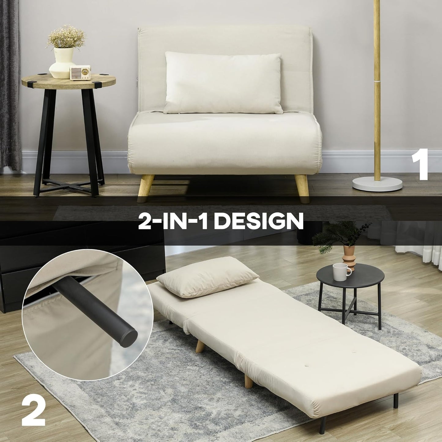 HOMCOM 3-in-1 Schlafsessel Beige – Klappsofa mit Bettfunktion & verstellbarer Rückenlehne