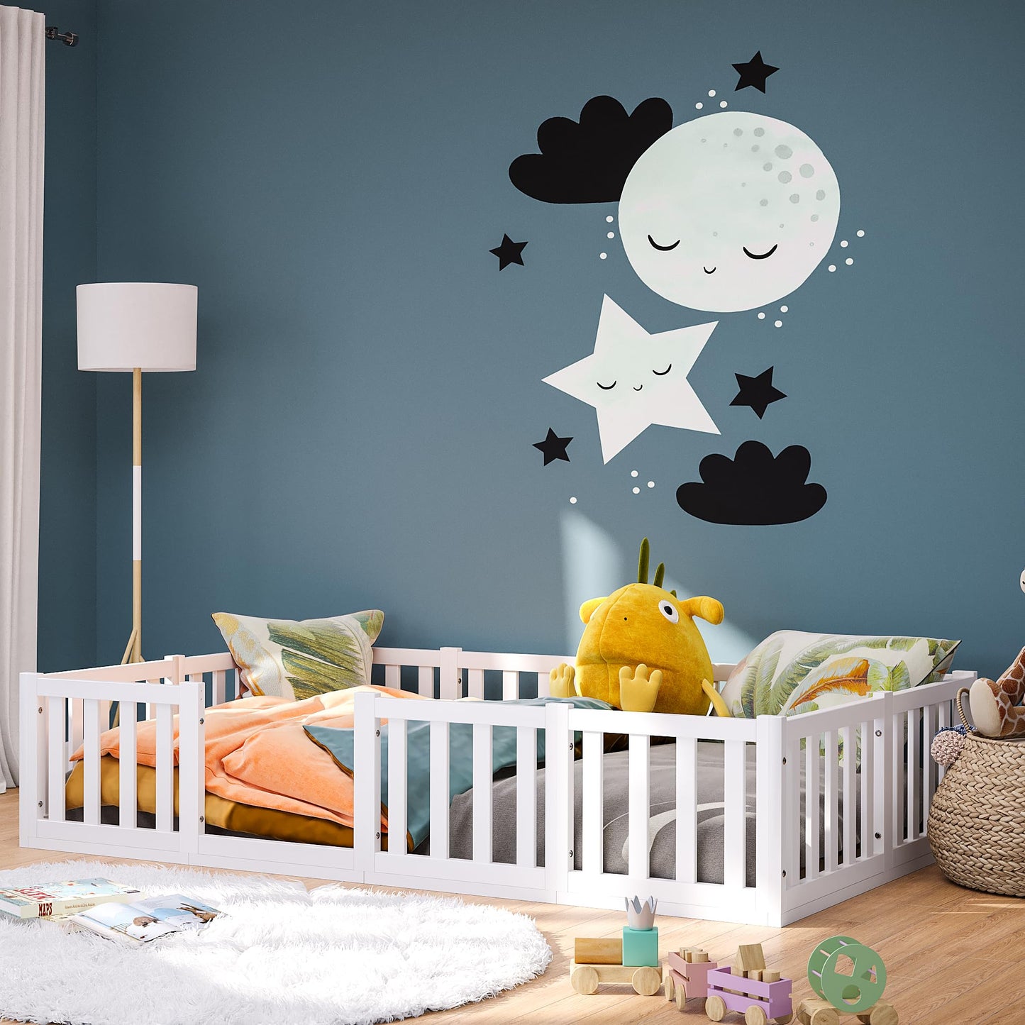 Bellabino Montessori Kinderbett Bodenbett aus Kiefer Massivholz mit Rausfallschutz & Lattenrost