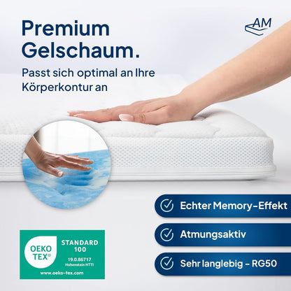AM Qualitätsmatratzen Gelschaum-Topper – Memory-Schaum, Atmungsaktiv, Lyocell Bezug, Antirutsch