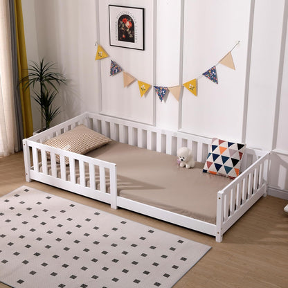 ecomi Kinderbett Montessori Bodenbett Massivholz mit Rausfallschutz und Lattenrost, Skandinavisches Design, für Mädchen und Jungen